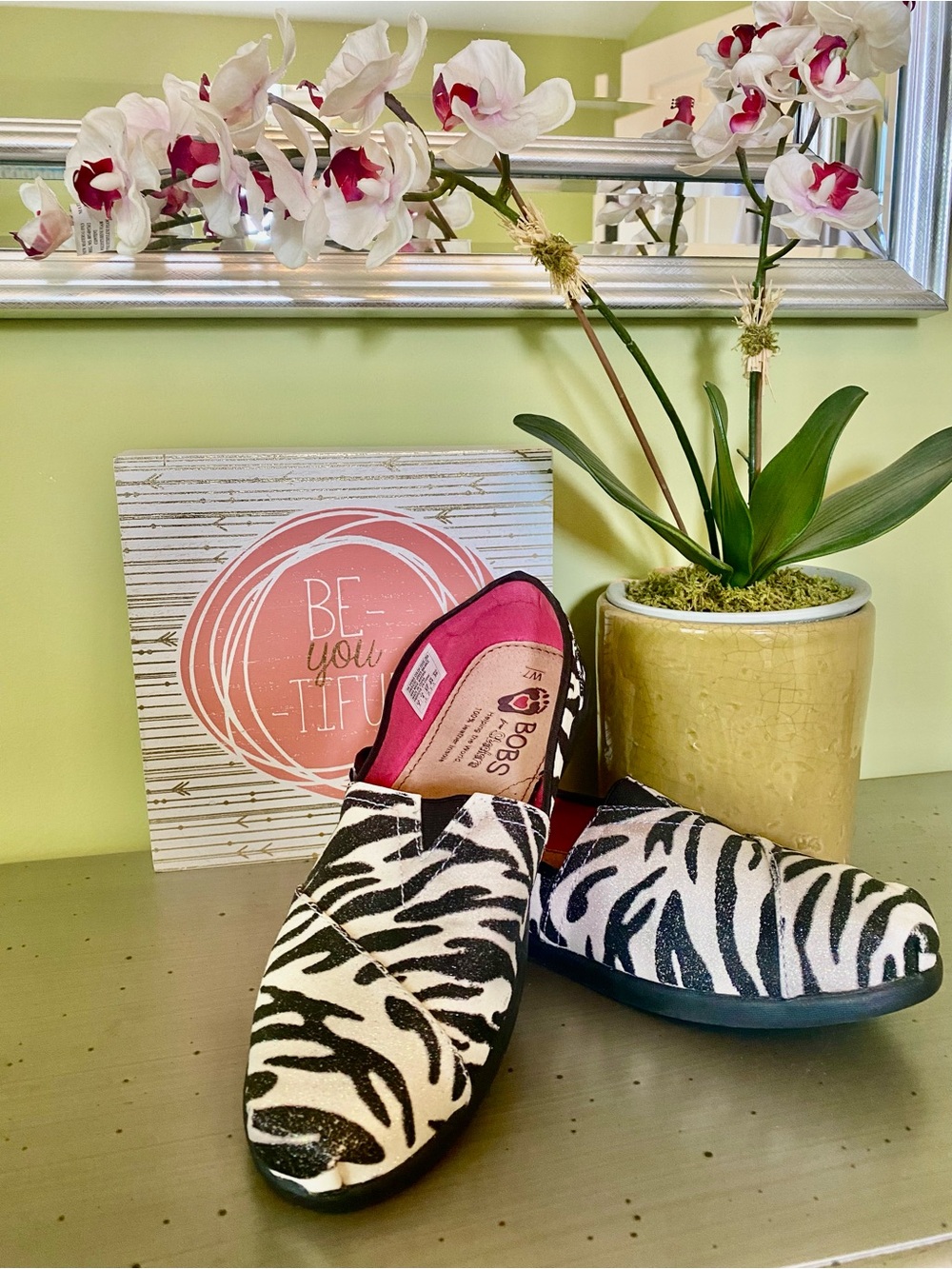 BOBS from Skechers BNWOT Zebra Slip-Ons with Pink Lining